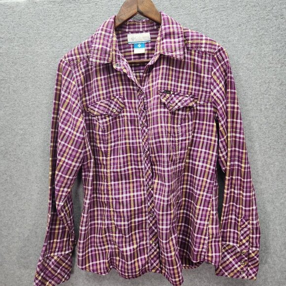 Columbia Womens Long Sleeve Plaid Button-Up Shirt L Purple & Yellow Cotton Blend - Picture 1 of 7